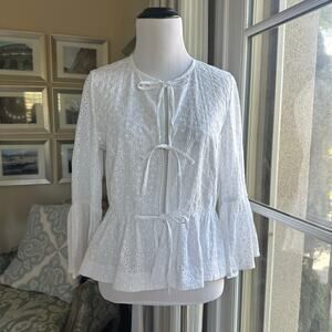 Zara White Eyelet Peplum Blouse Tie Front Ruffled Sleeves 100% Cotton Size S